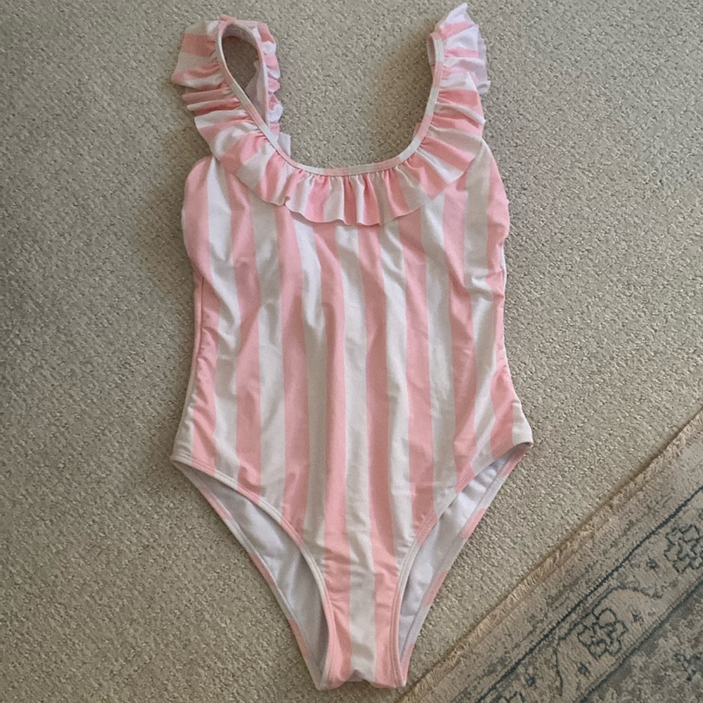 Pink & White Striped Ruffle One Piece Swimsuit